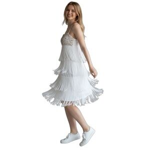 AIDA White Flapper Dress Rhinestones & Fringe Size Medium NWT